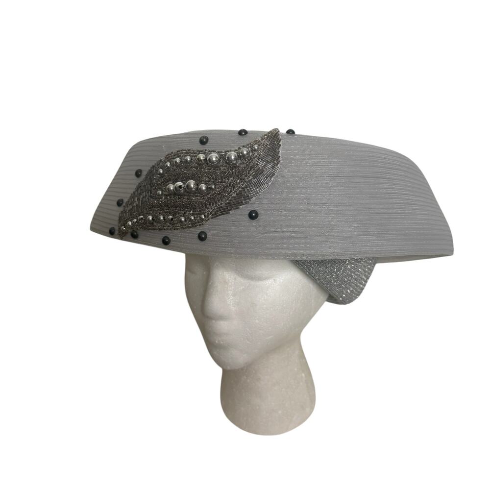 Vintage Sandra Silver Wide Brim Church Derby Hat Beaded Statement - Picture 9 of 11